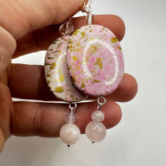 SALE 3" dangle earrings with painted acrylic beads, rose quartz and glass beads! - Picture 7 of 11